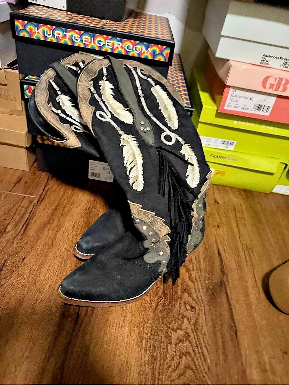 Dingo DI 287 BLACK Western Fringe Embroidered Boots Black US 8
